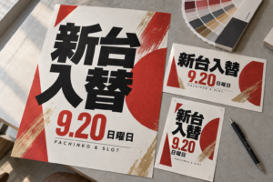 制作机に並べた新台入替ポスターとサイズ違いの販促デザイン