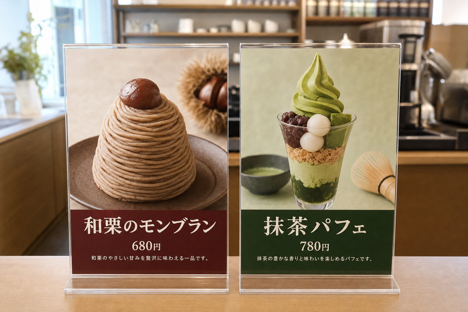 カフェのカウンターに並ぶメニュー名入りの卓上POP