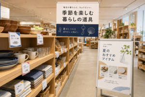 店内の複数箇所に掲示されたPOPと販促サイン