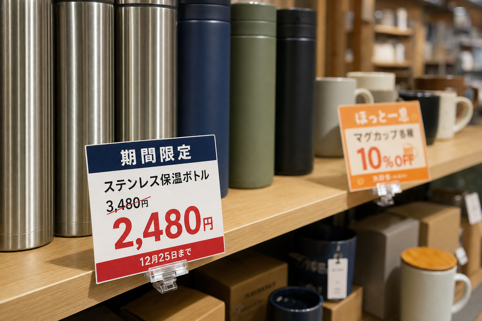 小売店の棚に取り付けられた期間限定価格の売場POP